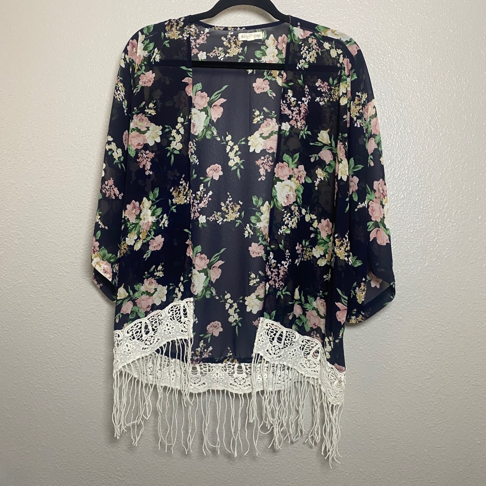 Black Crochet Kimono Small Bohemian Boho Festival Fringe Whimsigoth Autumn Fall